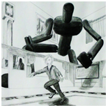 graphite drawing of 2 figures in a room.
